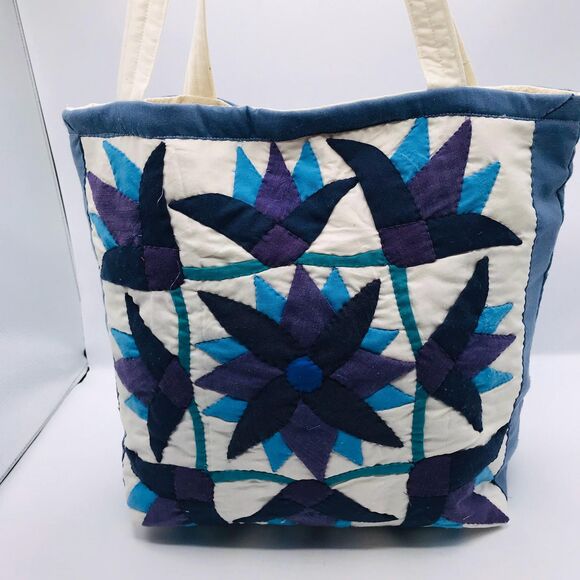 Handmade Tote Bag: Repurposed, Amish Purples and Blues Cottage Core Library Tote - Picture 3 of 8